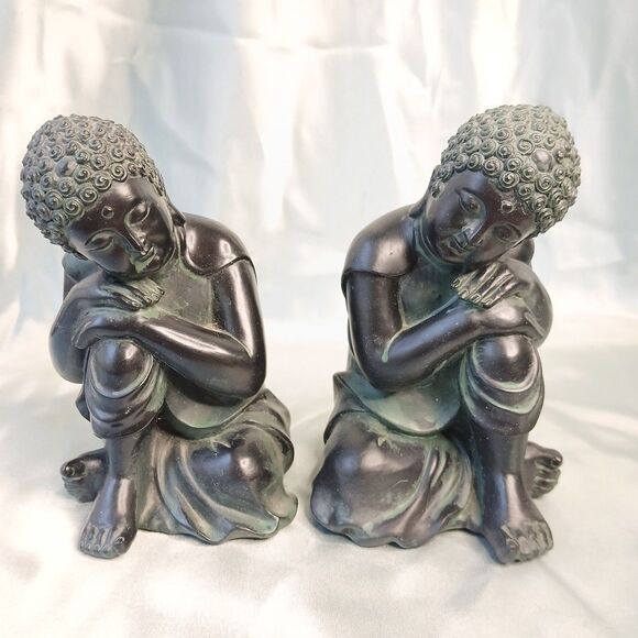 Melannco Antique Black & Green Thai Budda Bookends Set Of 2 6" - Picture 1 of 8